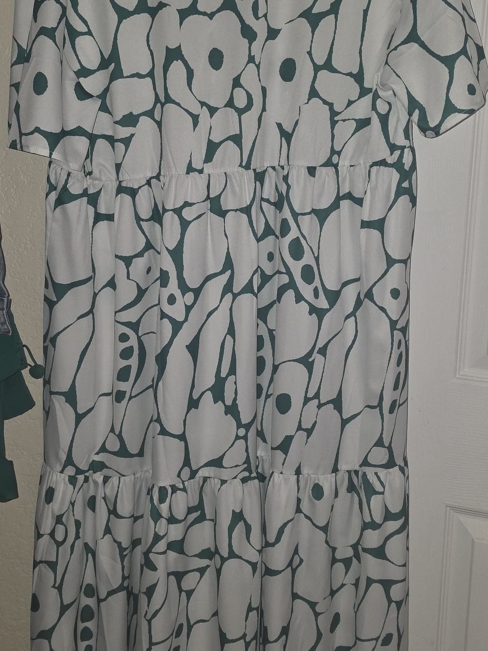 Girls' White and Teal Printed Tiered Dress